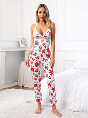 Floral Print Pajama Set Lace Trim V Neck Cami Top & Pants