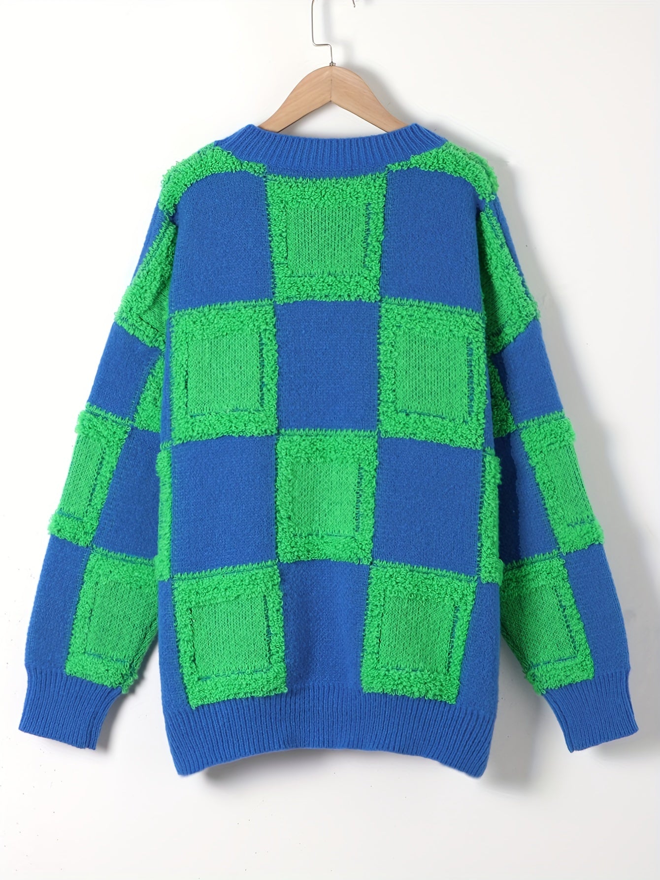 Y2K Checker Pattern Sweater Long Sleeve Round Neck Pullover Jumper