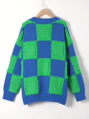 Y2K Checker Pattern Sweater Long Sleeve Round Neck Pullover Jumper