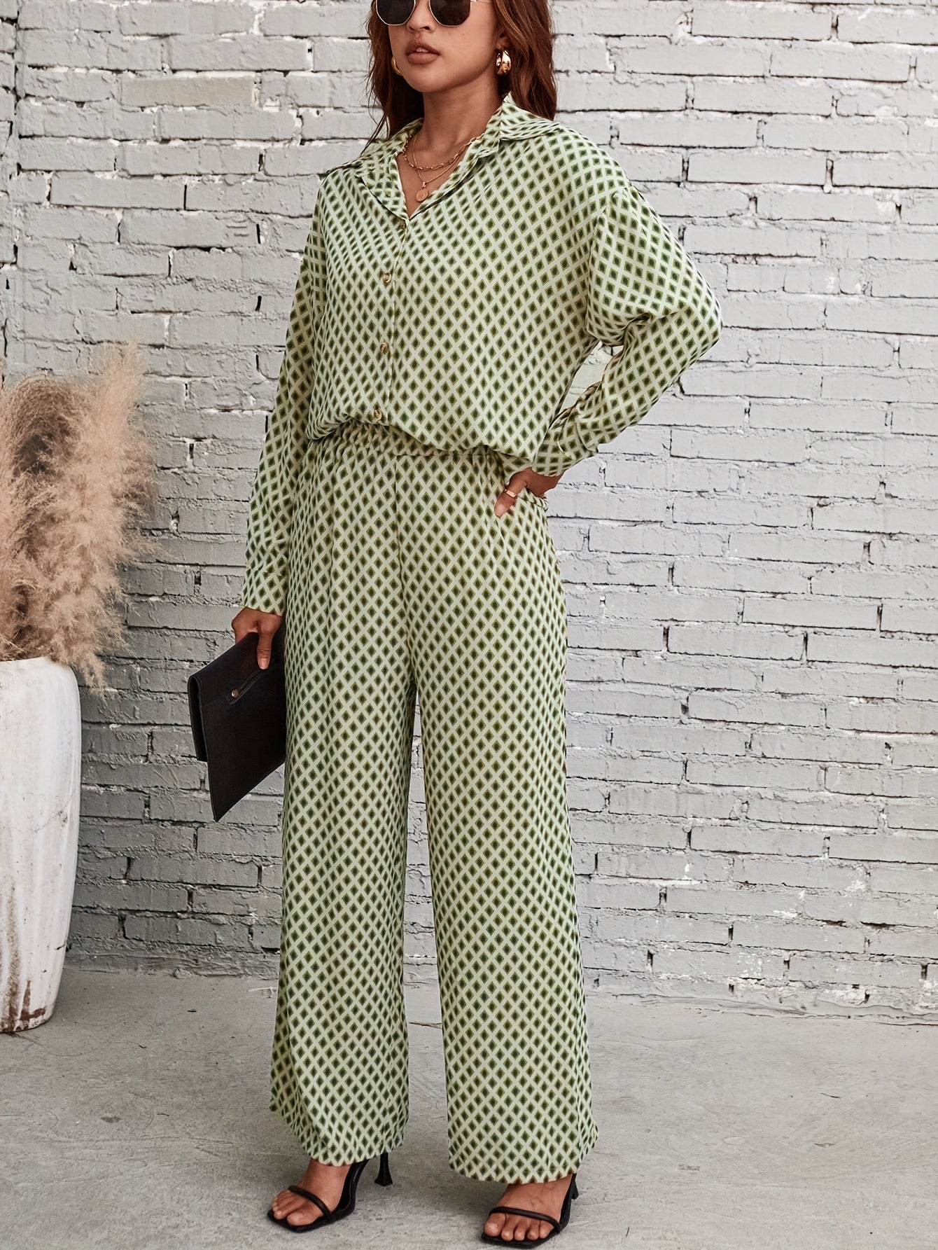 Plaid Print Two Piece Set Shirt & Pants Outfits Women's Clothing