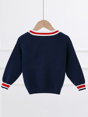 Boys Bear Embroidered Cardigan Sweater Long Sleeve Crew Neck Tops