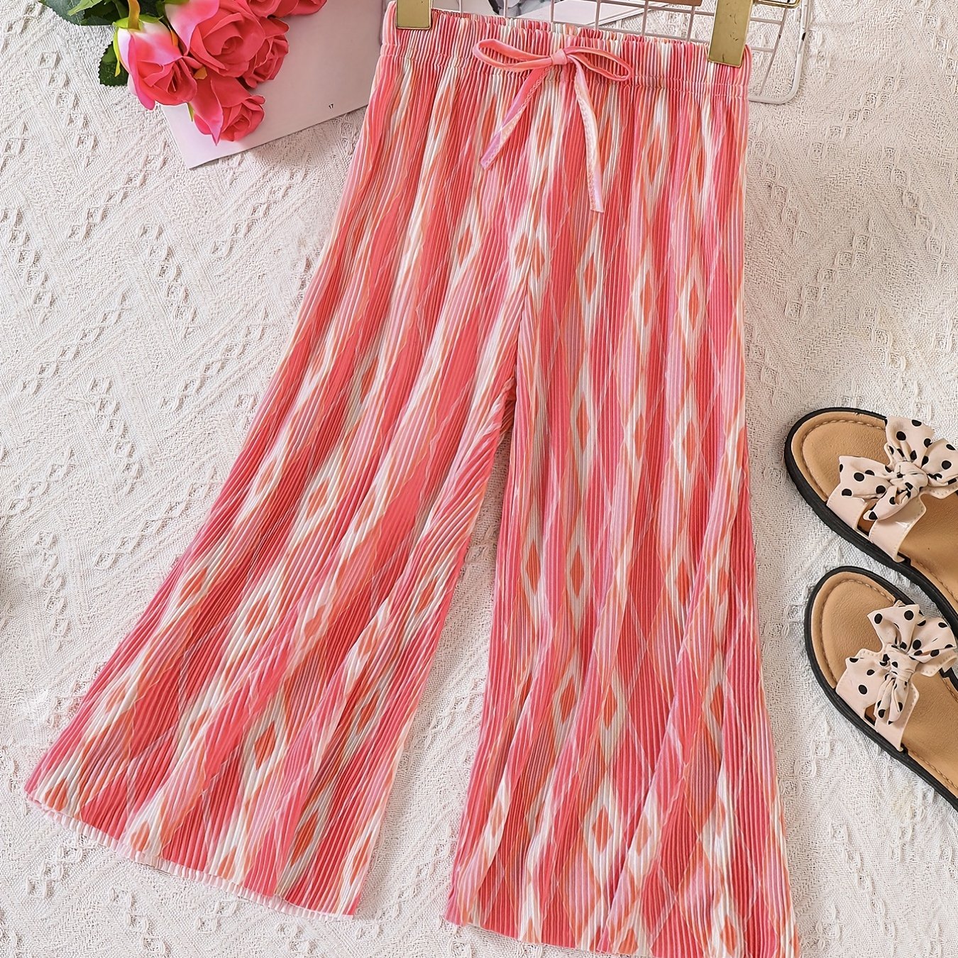 Girls Geometric Print Pleated Trousers With Bow Casual Pants