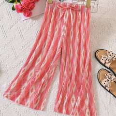 Girls Geometric Print Pleated Trousers With Bow Casual Pants