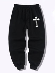 Cross Pattern Joggers Men's Casual Stretch Waist Drawstring Sports Pants