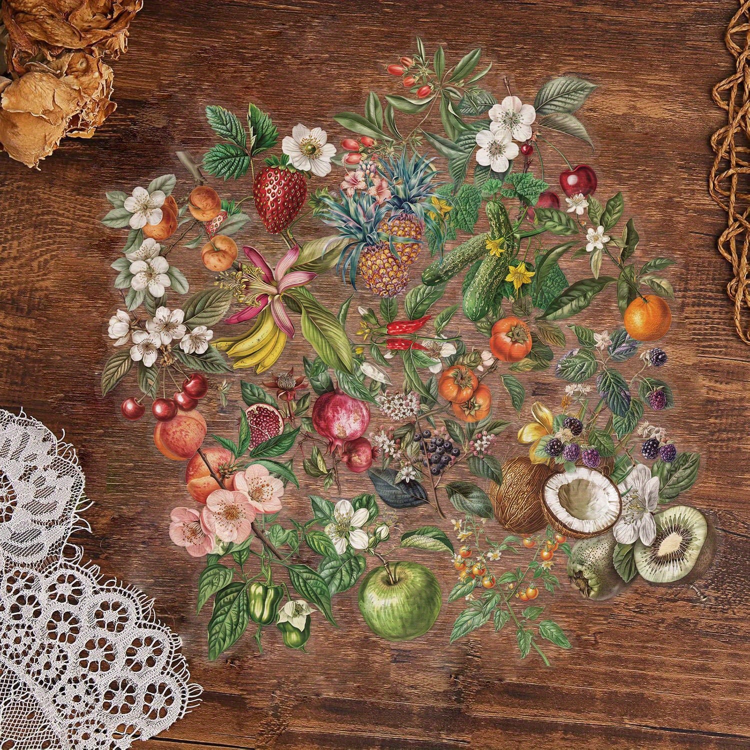 50pcs Vintage Plant & Fruit Stickers for DIY Luggage Party Food Labels