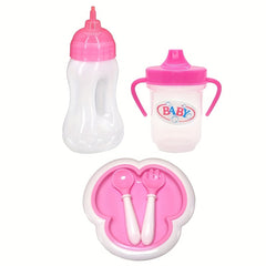18" Doll Accessory Set Plastic Baby Bottle, Drinking Cup, Plate, Fork