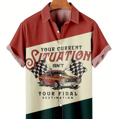 Men's Retro Car Print Camp Collar Bowling Shirt Short Sleeve