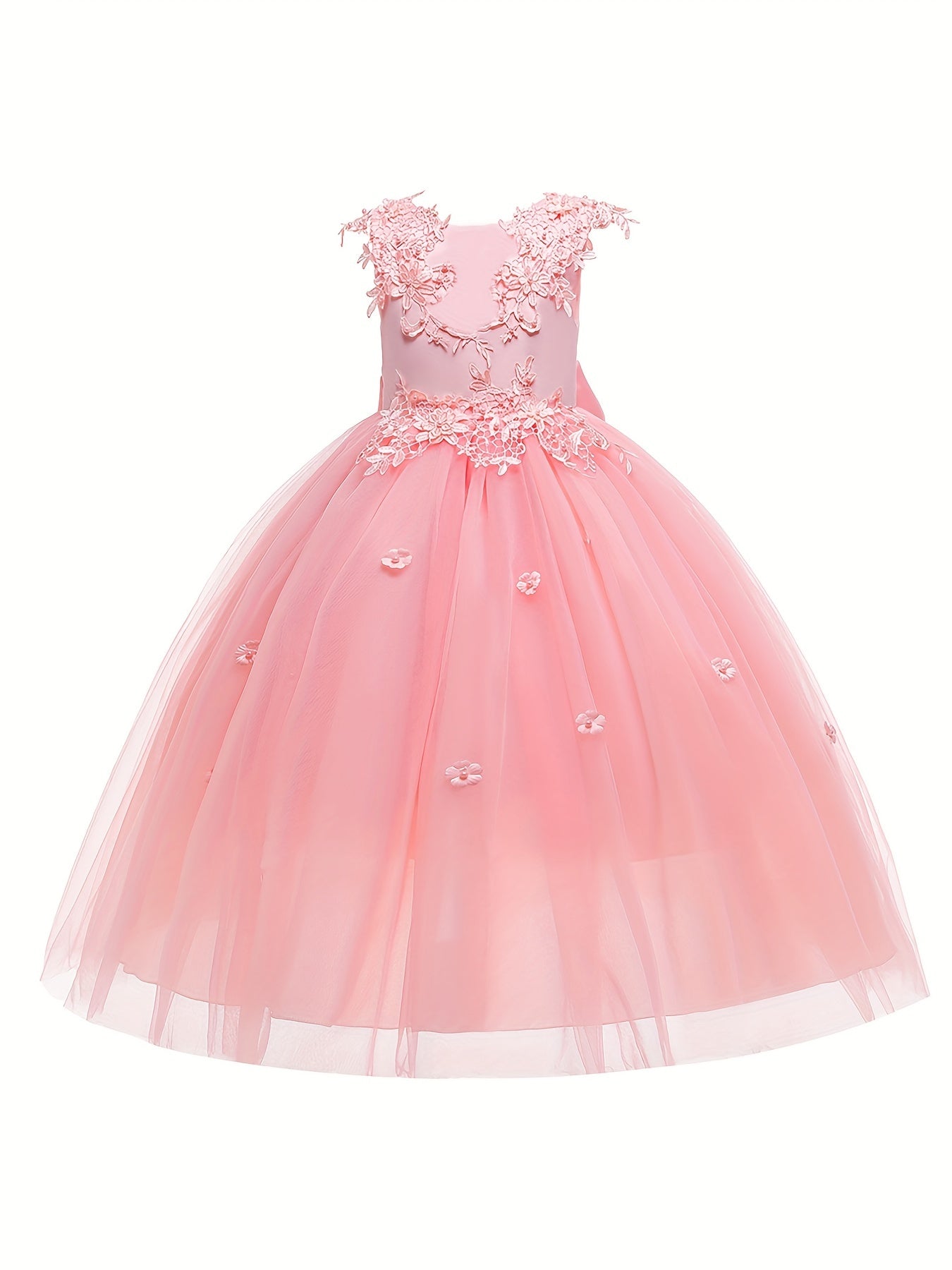 Girls Pearl Embroidered Mesh Bow Princess Party Dress