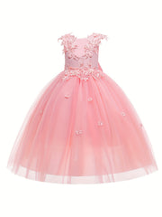 Girls Pearl Embroidered Mesh Bow Princess Party Dress