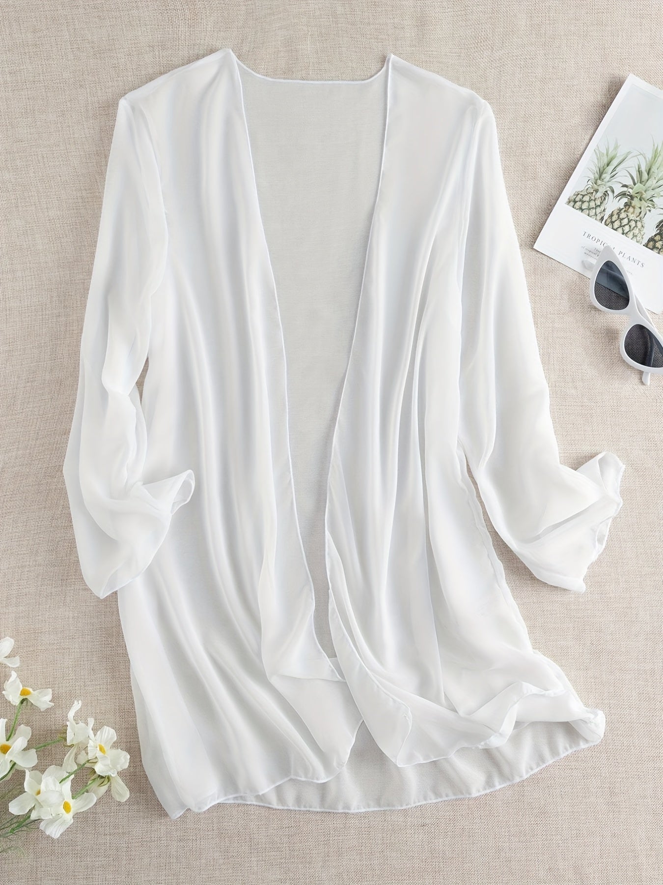 Sheer Chiffon Open Front Kimono Cover Up Long Sleeve Beach Cardigan