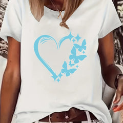Butterfly & Heart Graphic T-shirts Crew Neck Short Sleeve Tee
