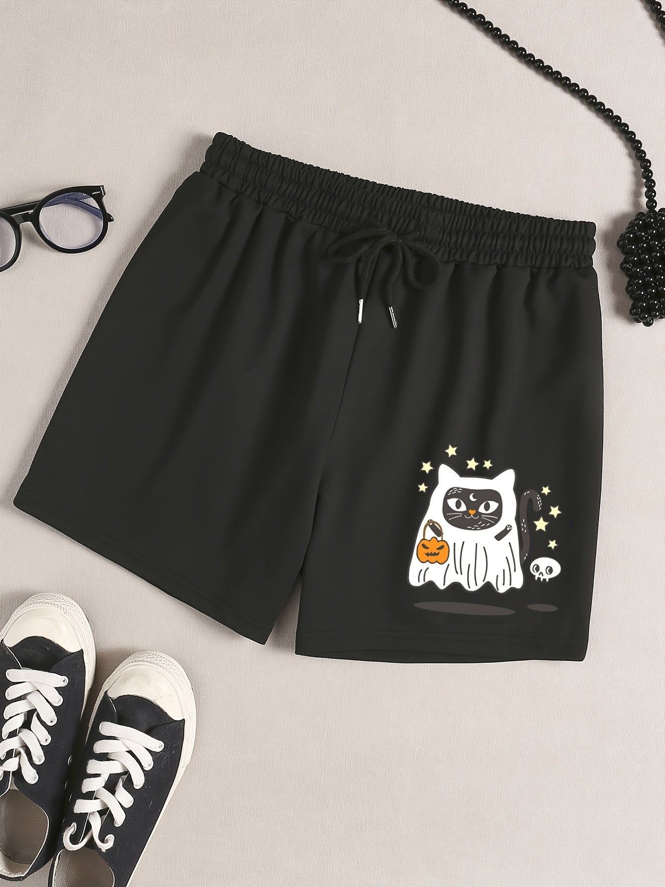 Halloween Lounge Shorts Women's Plus Cat Ghost & Pumpkin Print Tie Wai