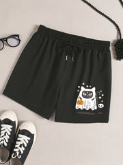 Halloween Lounge Shorts Women's Plus Cat Ghost & Pumpkin Print Tie Wai