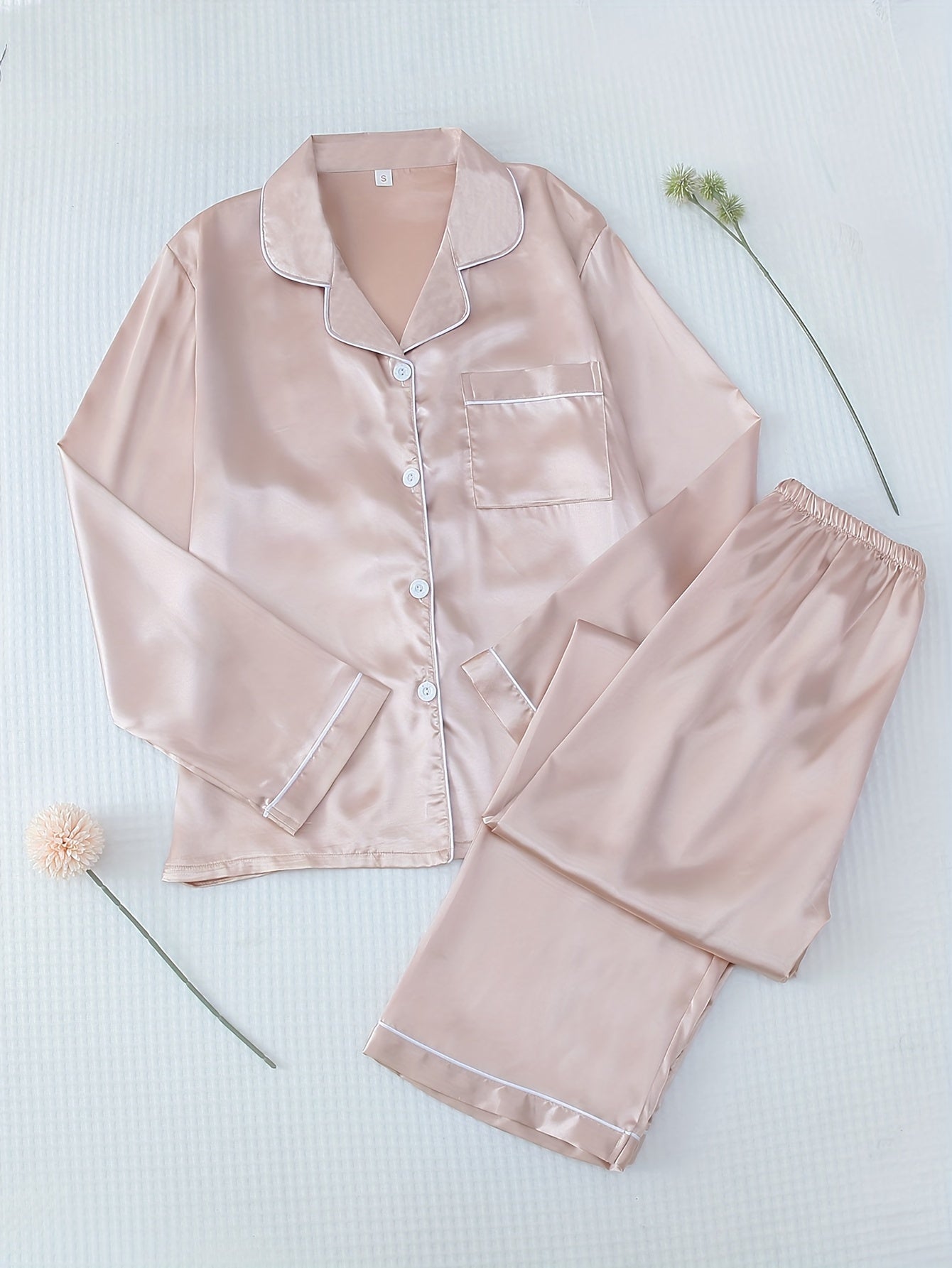 Satin Pajama Set Long Sleeve Top & Pants Women's Sleepwear