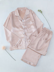 Satin Pajama Set Long Sleeve Top & Pants Women's Sleepwear