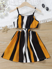 Girls Rainbow Striped Cut out Waist Cami Dress Sleeveless A Line Flared Dresses
