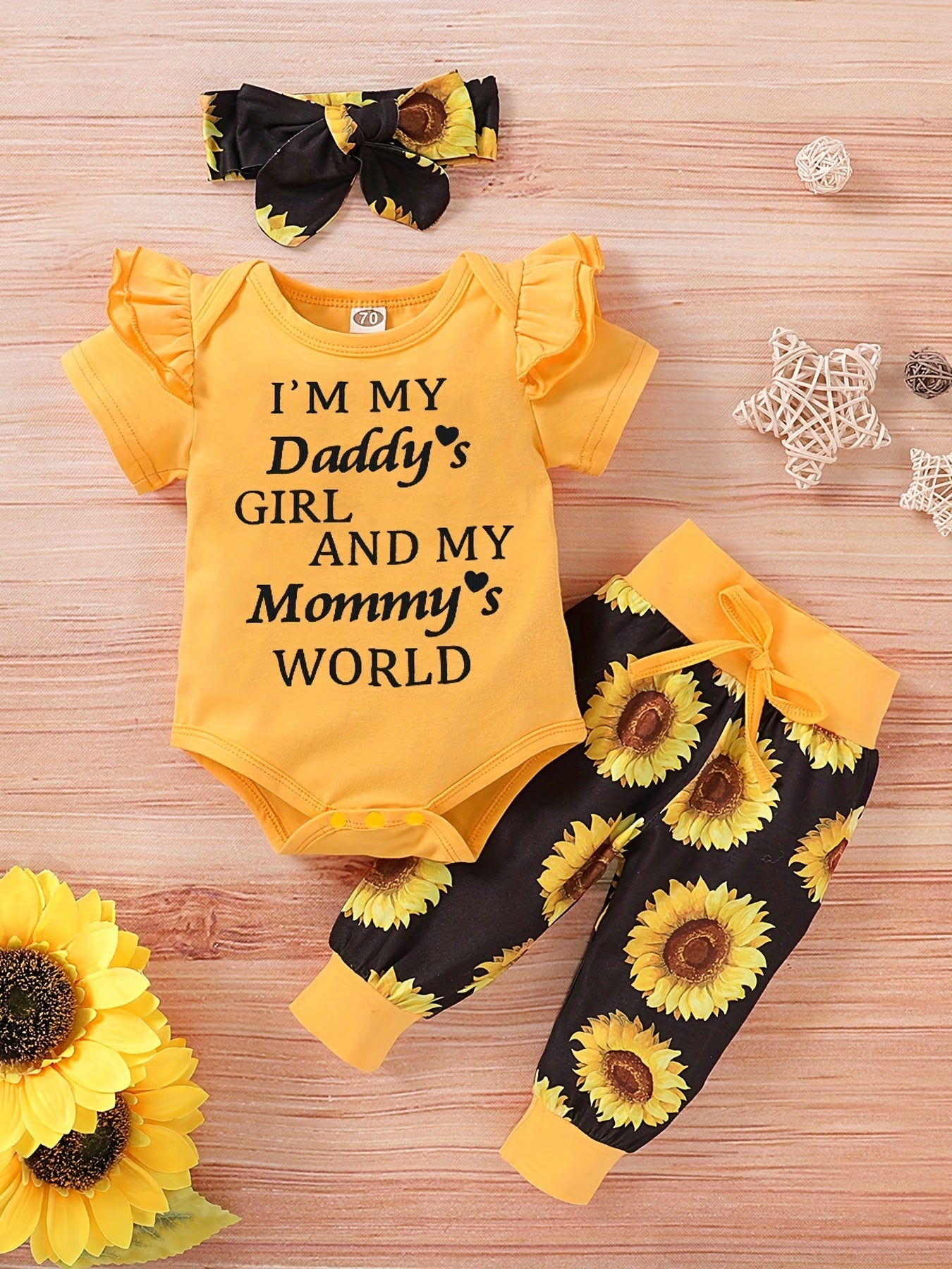 3pcs Little Miss Print Romper Sunflower Pants Set for Baby Girls