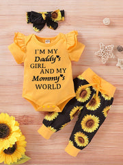 3pcs Little Miss Print Romper Sunflower Pants Set for Baby Girls