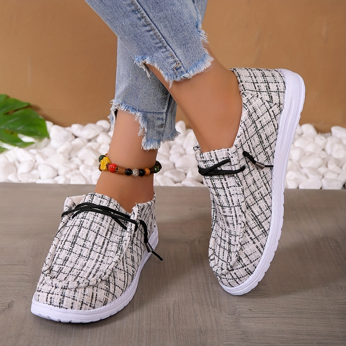 Women's Plaid Canvas Slip On Loafers Casual Flat Walking Shoes