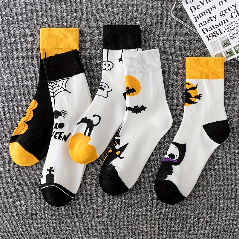 5 Pairs Pumpkin & Skull Print Socks Halloween Crew Socks Women's Stockings