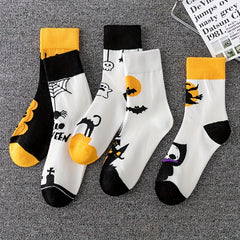 5 Pairs Pumpkin & Skull Print Socks Halloween Crew Socks Women's Stockings