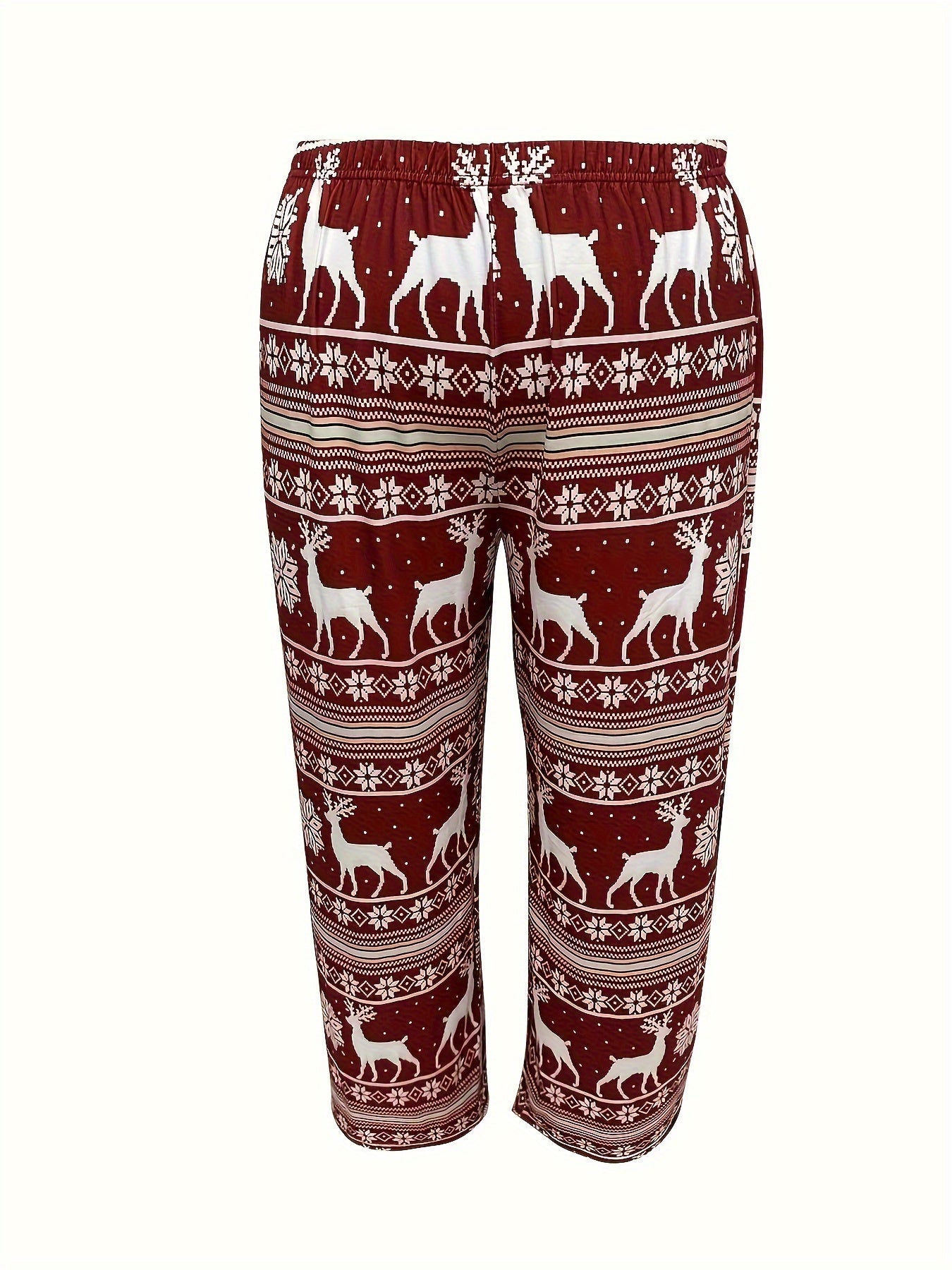 Christmas Lounge Set: Elk & Snowflake Striped Print Blouse & Pants Paj