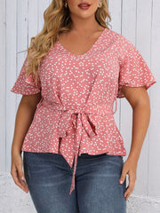 Heart Print Short Sleeve Peplum Top With Belt