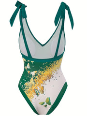 Butterfly Print Tie Shoulder Backless Swimsuit Cover Up