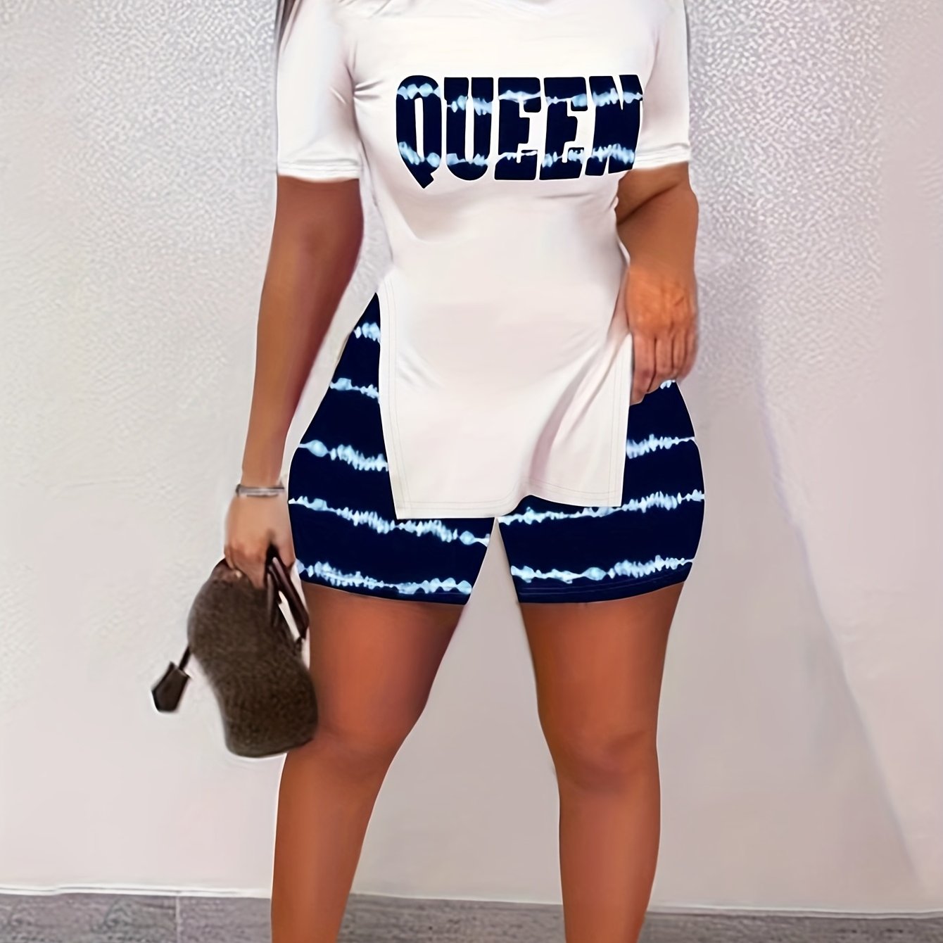 Tie Dye Striped Two piece Set Short Sleeve Split T shirt & High Waist Shorts