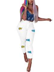 Graffiti Letters Print Skinny Jeans High Rise Slight Stretch