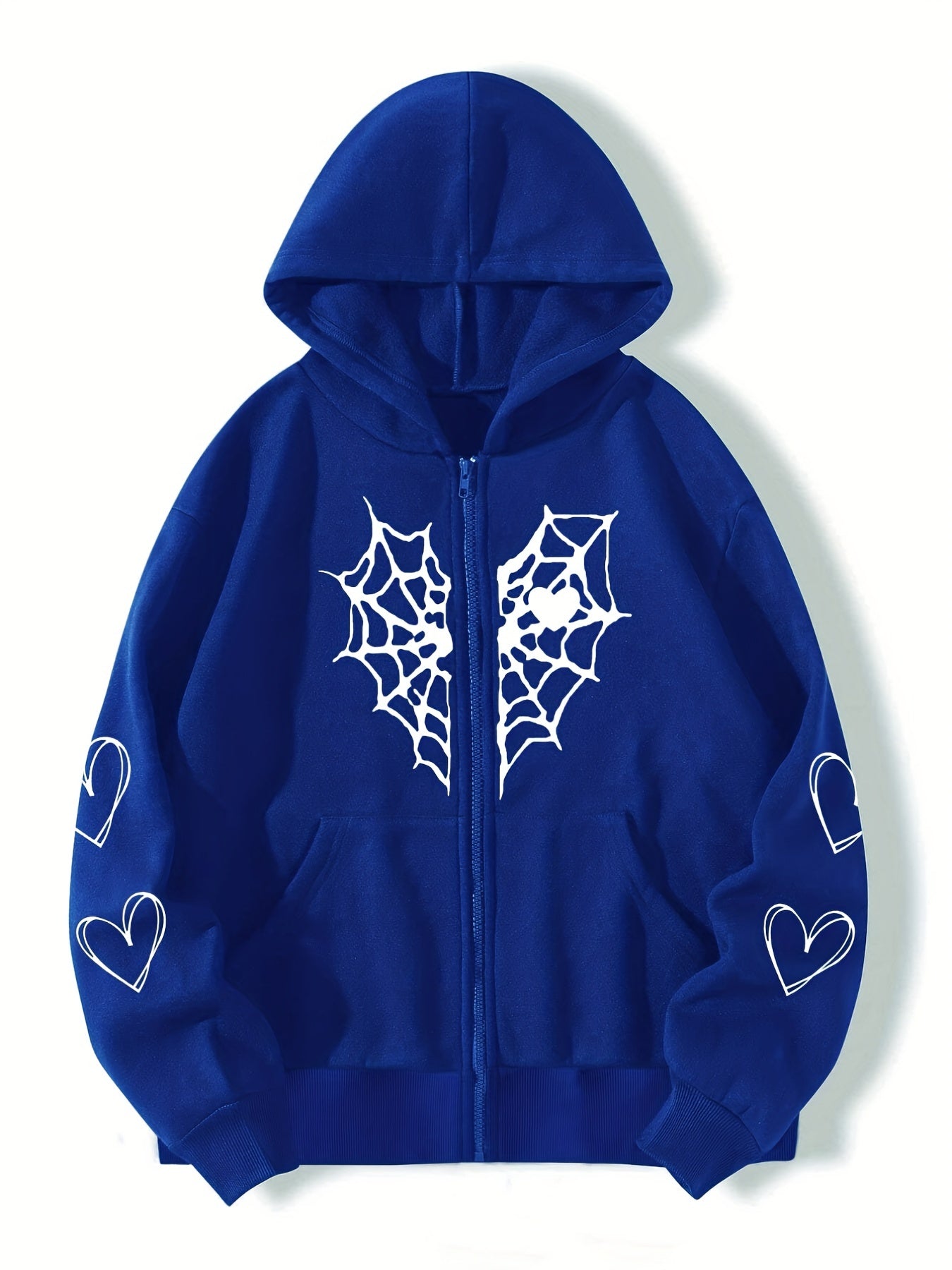 Heart Print Drawstring Hoodie Zip Sweatshirt