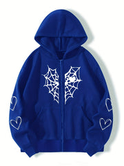 Heart Print Drawstring Hoodie Zip Sweatshirt