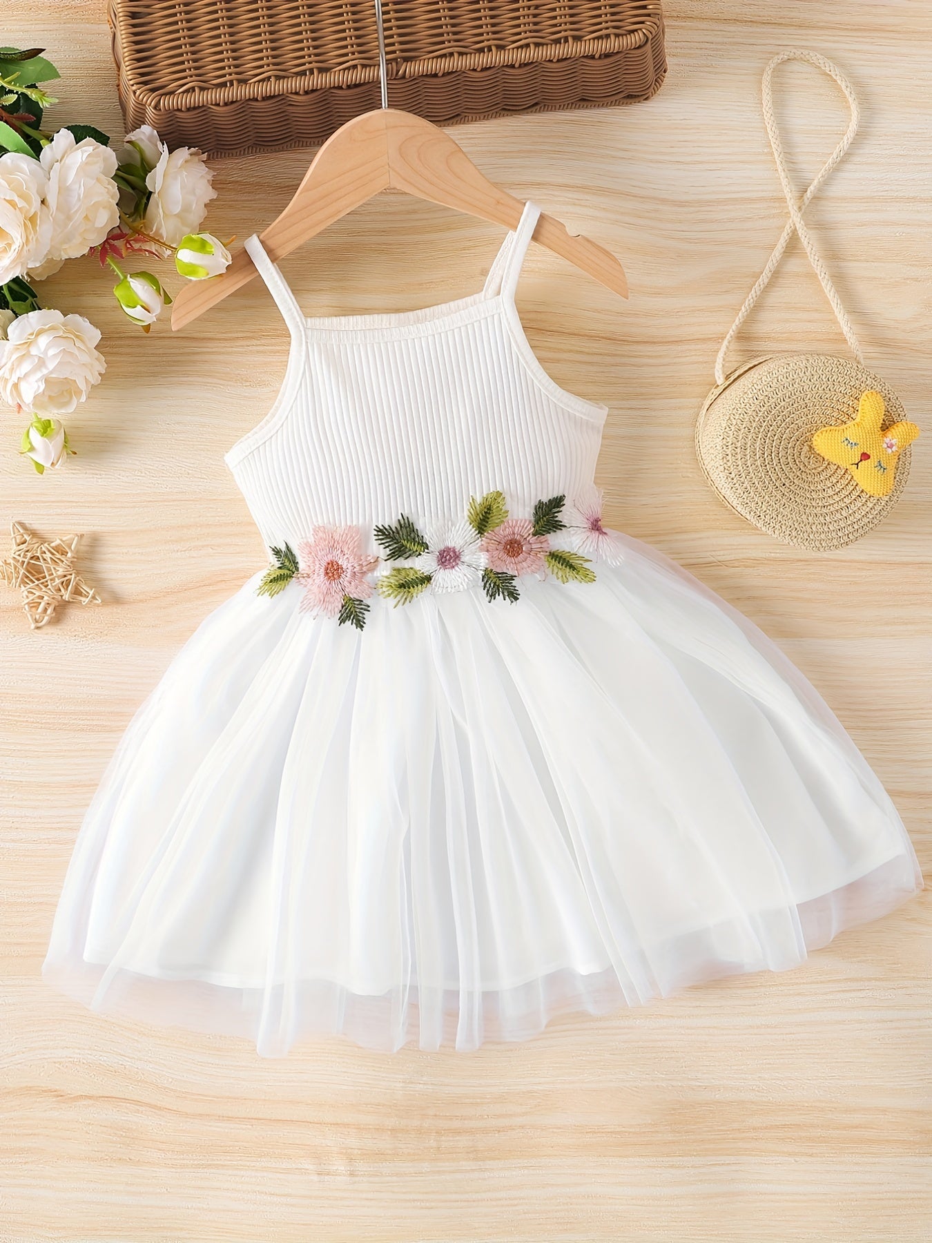Toddler Girls Floral Embroidered Mesh Princess Cami Dress