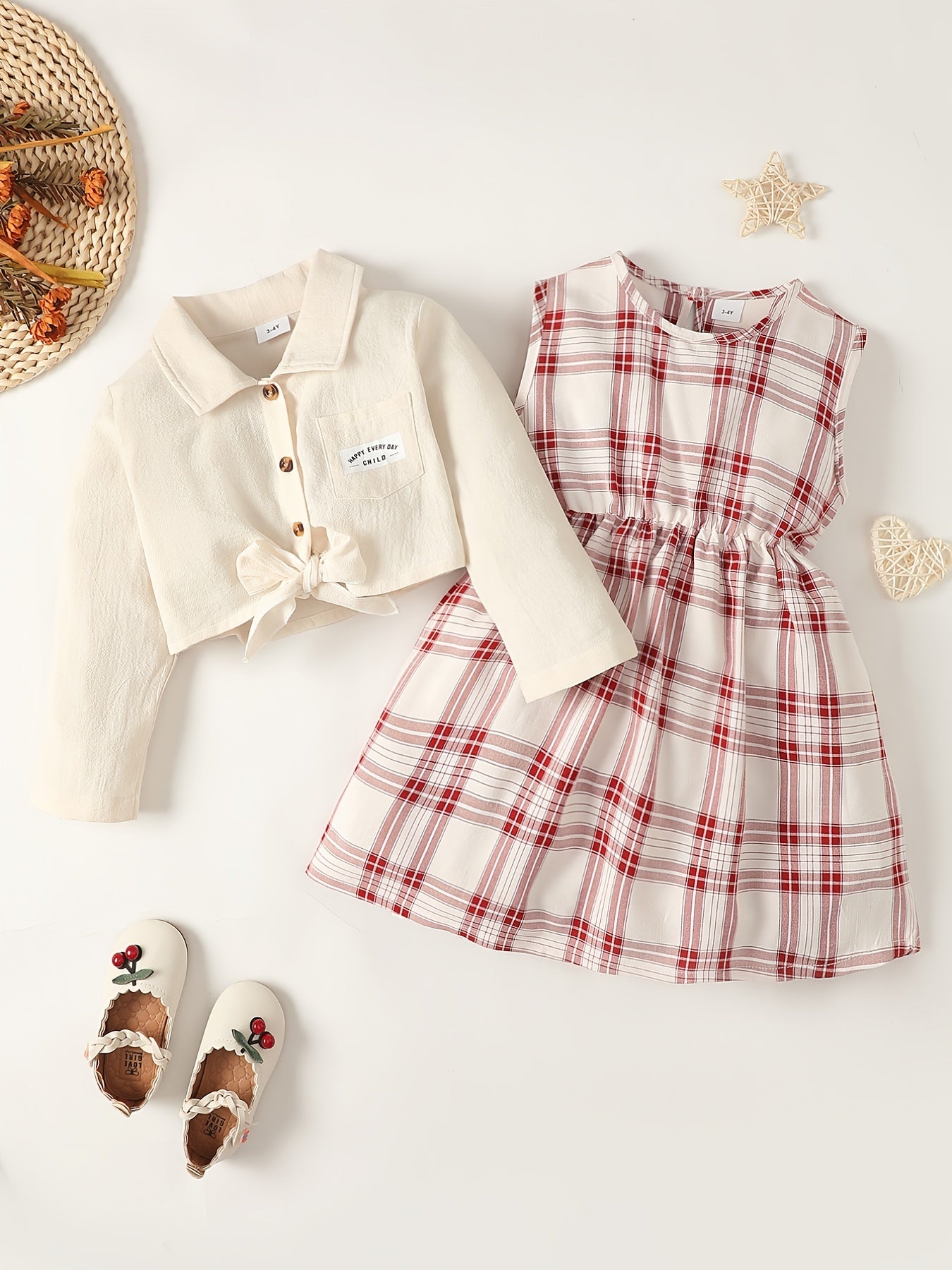 Girls Long Sleeve Shirt & Sleeveless Plaid Dress Baby Kids Clothes