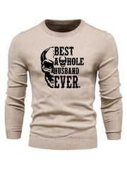 Skull & Letter Print Sweater Men's Casual Retro Style Mid Stretch Crew Neck Pull
