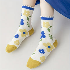 5 Pairs Girls Kids Socks Cotton Breathable Small Flower Pattern Socks