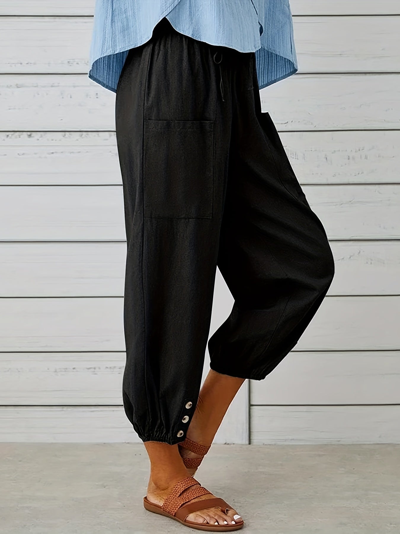 Drawstring Cropped Pants Casual Elastic Waist Versatile Pants