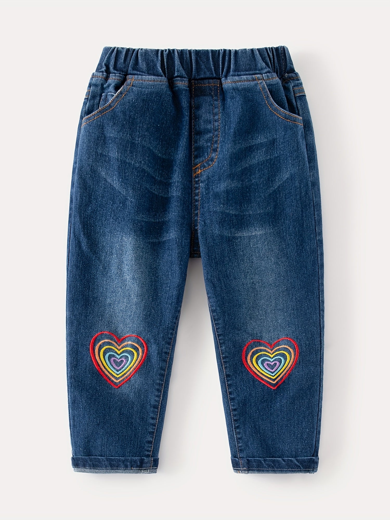 Girls Heart Embroidered Jeans Elastic Waist Casual Denim Pants