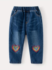 Girls Heart Embroidered Jeans Elastic Waist Casual Denim Pants