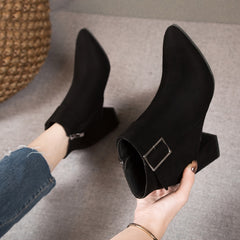 Women's Chunky Heel Ankle Boots with Buckle Decor Side Zip