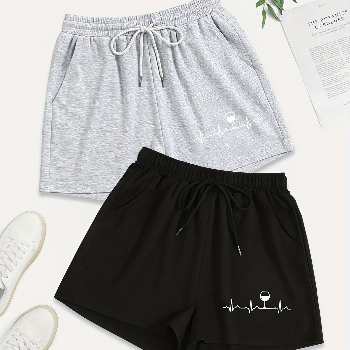 2 Pack Plus Size Casual Shorts Women's Plus Letter & Wine Glasses Print