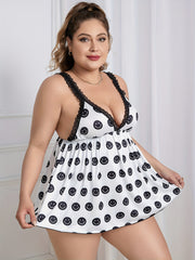 Smiling Face Print Lace Trim Babydoll Dress