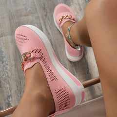 Knit Sock Shoes Metal Chain Slip On Low Top Casual Flat Shoes