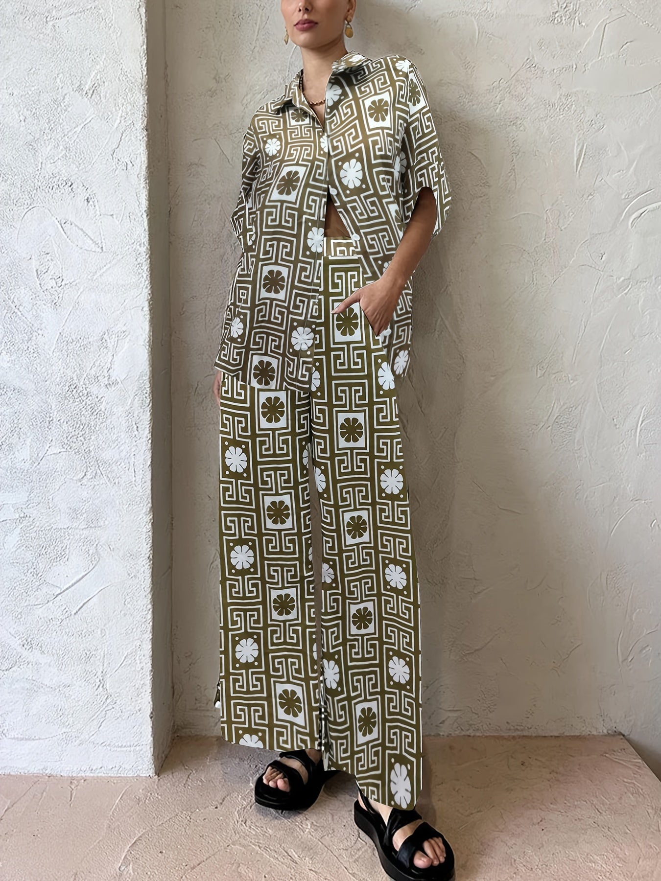 Greek Print Button Up Blouse & Wide Leg Pants Set