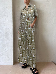 Greek Print Button Up Blouse & Wide Leg Pants Set