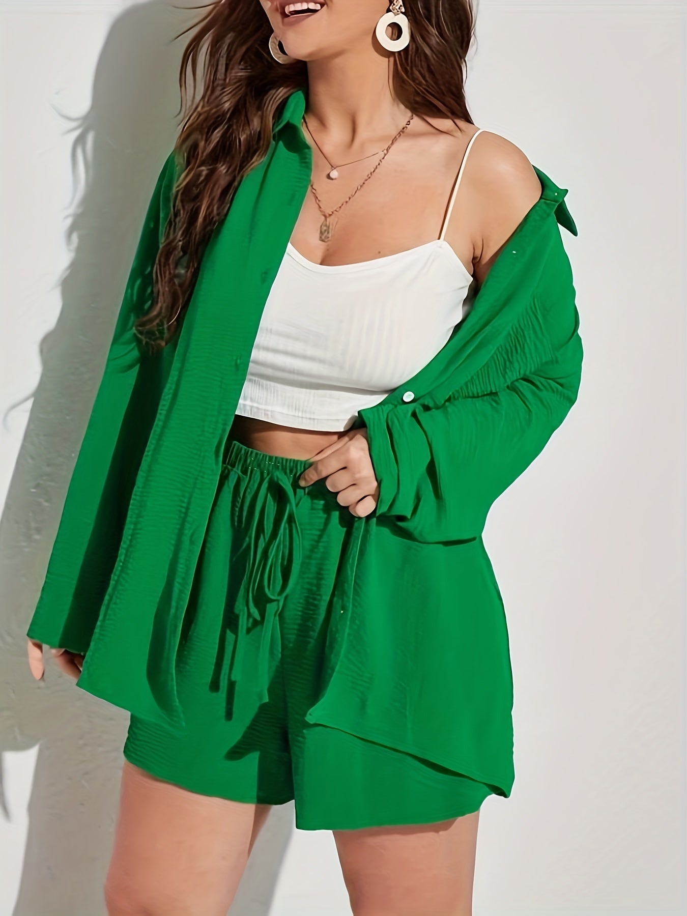 Casual 2 Piece Set: Polo Neck Blouse & Drawstring Shorts