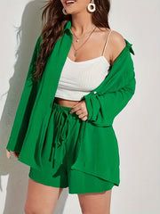 Casual 2 Piece Set: Polo Neck Blouse & Drawstring Shorts