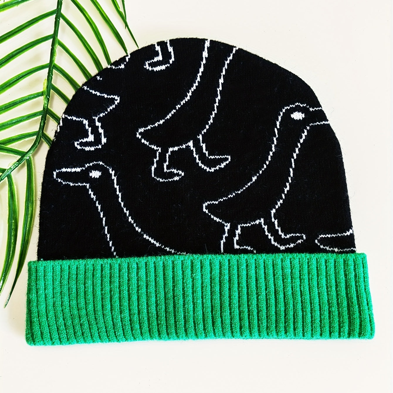 Duck Jacquard Beanie & Green Block Knit Hat Warm Skull Cap
