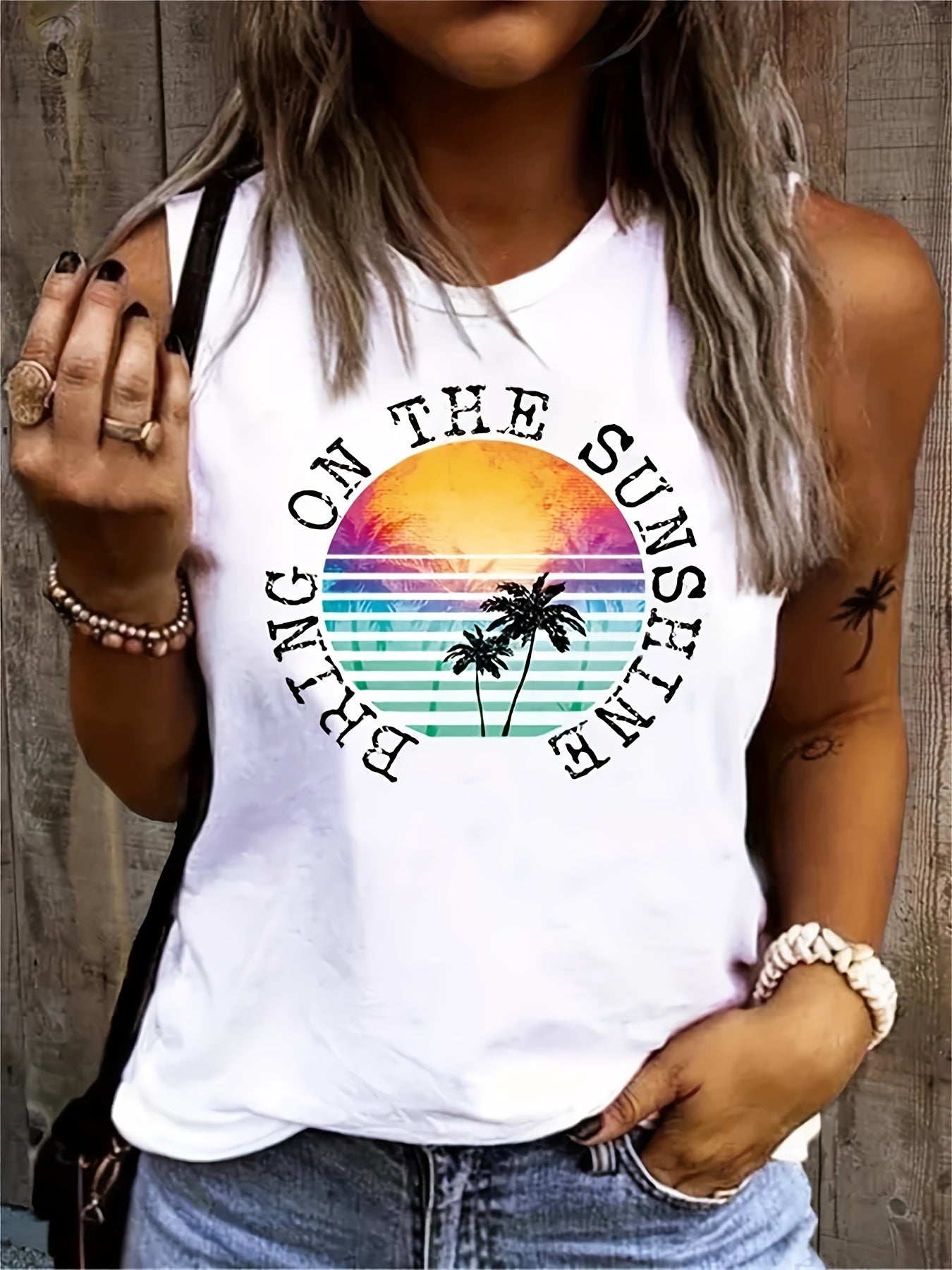 Coconut Tree & Letter Print Tank Top Sleeveless Crew Neck Casual Top