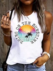 Coconut Tree & Letter Print Tank Top Sleeveless Crew Neck Casual Top
